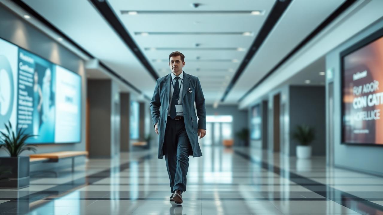 Hospital administrator walking through a modern hospital atrium